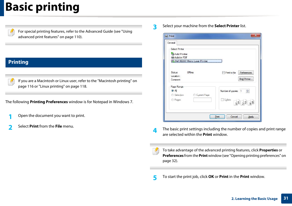 Basic printing, Printing | Dell B1160 Mono Laser Printer User Manual | Page 31 / 165