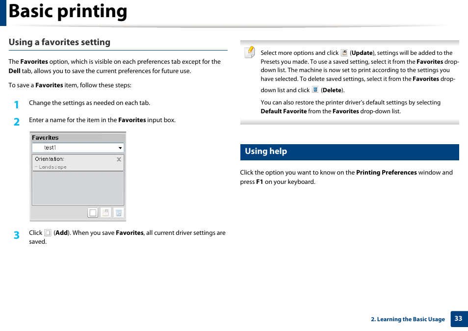 Basic printing, Using a favorites setting, Using help | Dell B1160 Mono Laser Printer User Manual | Page 33 / 165