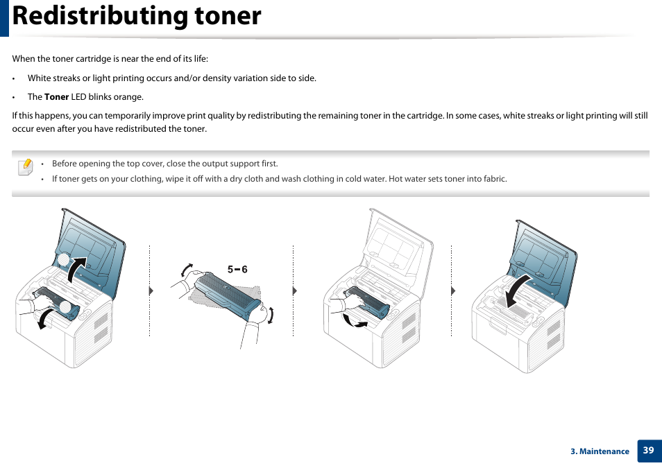 Redistributing toner | Dell B1160 Mono Laser Printer User Manual | Page 39 / 165