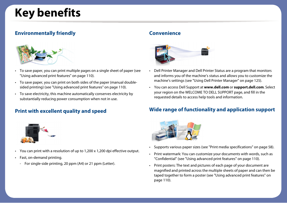 Key benefits, Environmentally friendly, Print with excellent quality and speed | Convenience | Dell B1160 Mono Laser Printer User Manual | Page 4 / 165