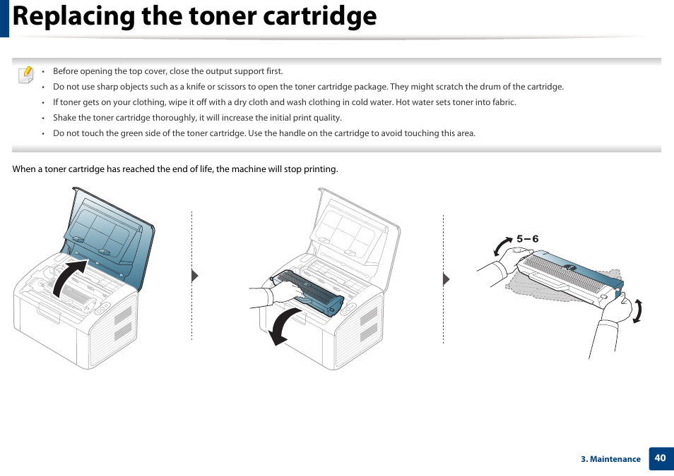 Replacing the toner cartridge | Dell B1160 Mono Laser Printer User Manual | Page 40 / 165