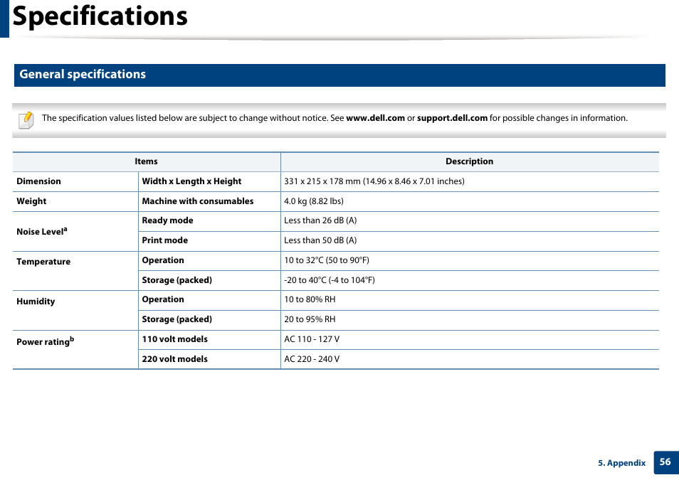 Specifications, General specifications | Dell B1160 Mono Laser Printer User Manual | Page 56 / 165