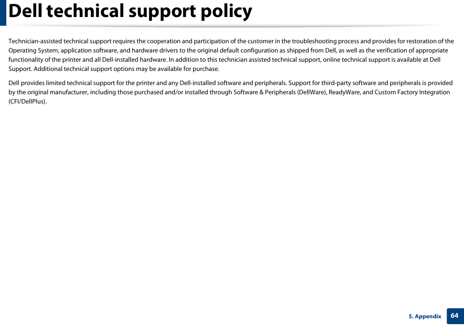 Dell technical support policy | Dell B1160 Mono Laser Printer User Manual | Page 64 / 165