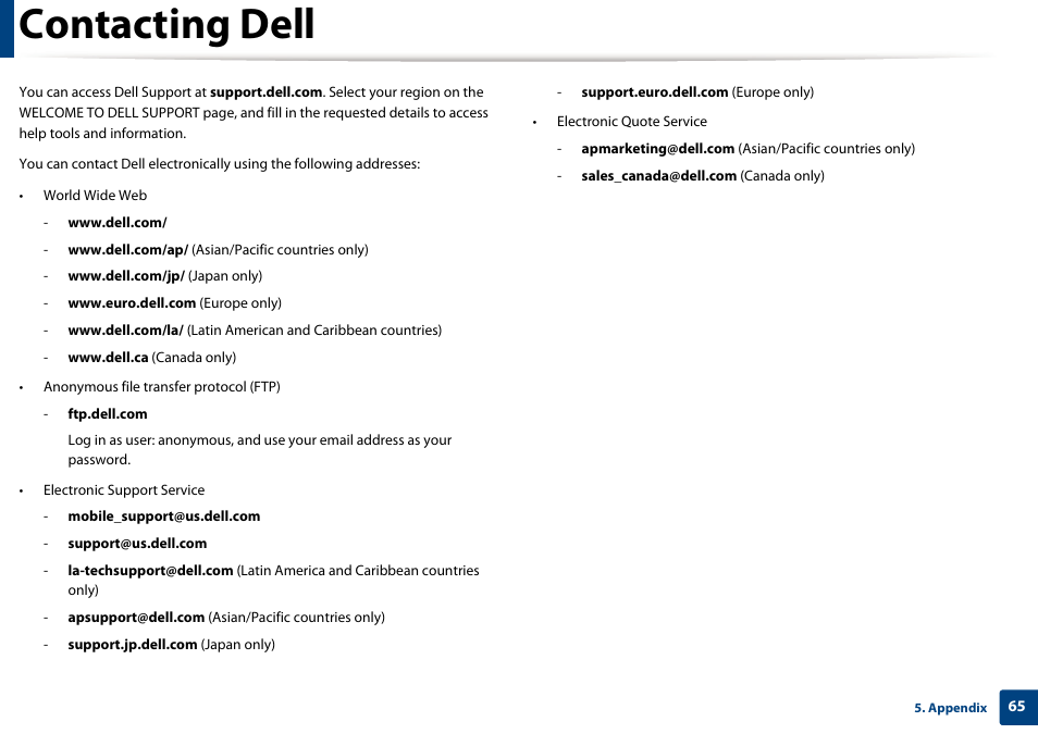 Contacting dell | Dell B1160 Mono Laser Printer User Manual | Page 65 / 165