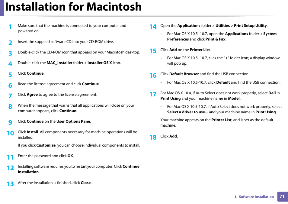Installation for macintosh | Dell B1160 Mono Laser Printer User Manual | Page 71 / 165