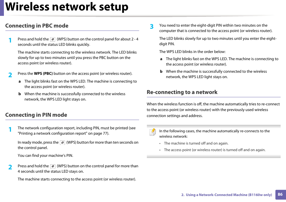 Wireless network setup, Connecting in pbc mode, Connecting in pin mode | Re-connecting to a network | Dell B1160 Mono Laser Printer User Manual | Page 86 / 165