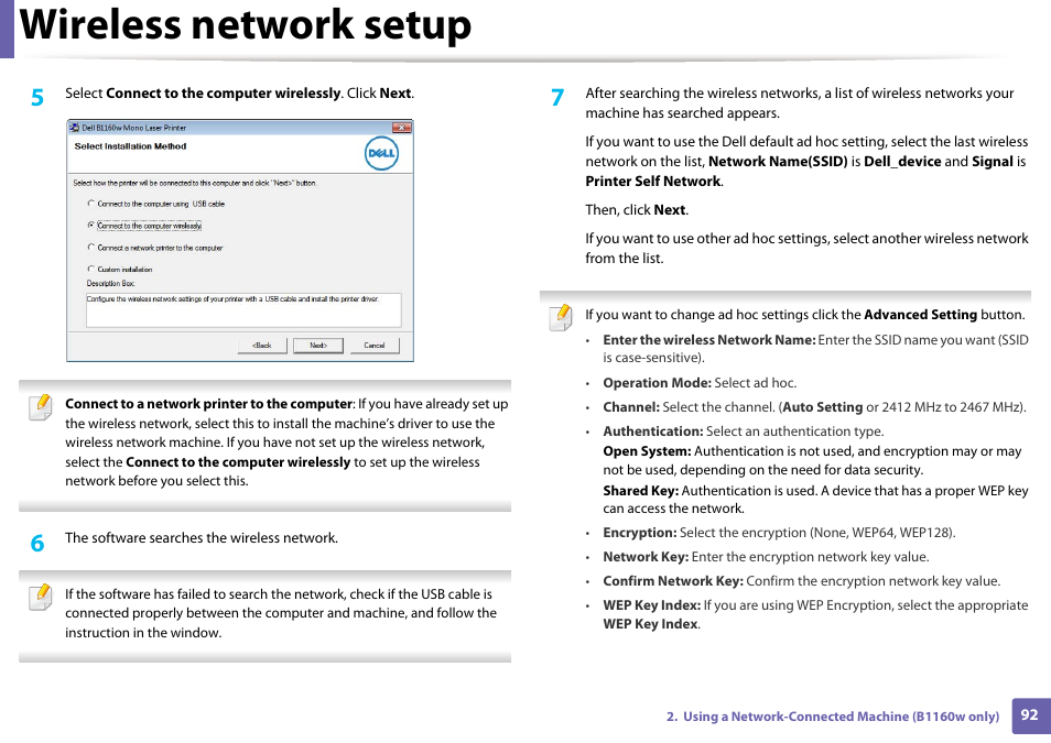 Wireless network setup | Dell B1160 Mono Laser Printer User Manual | Page 92 / 165