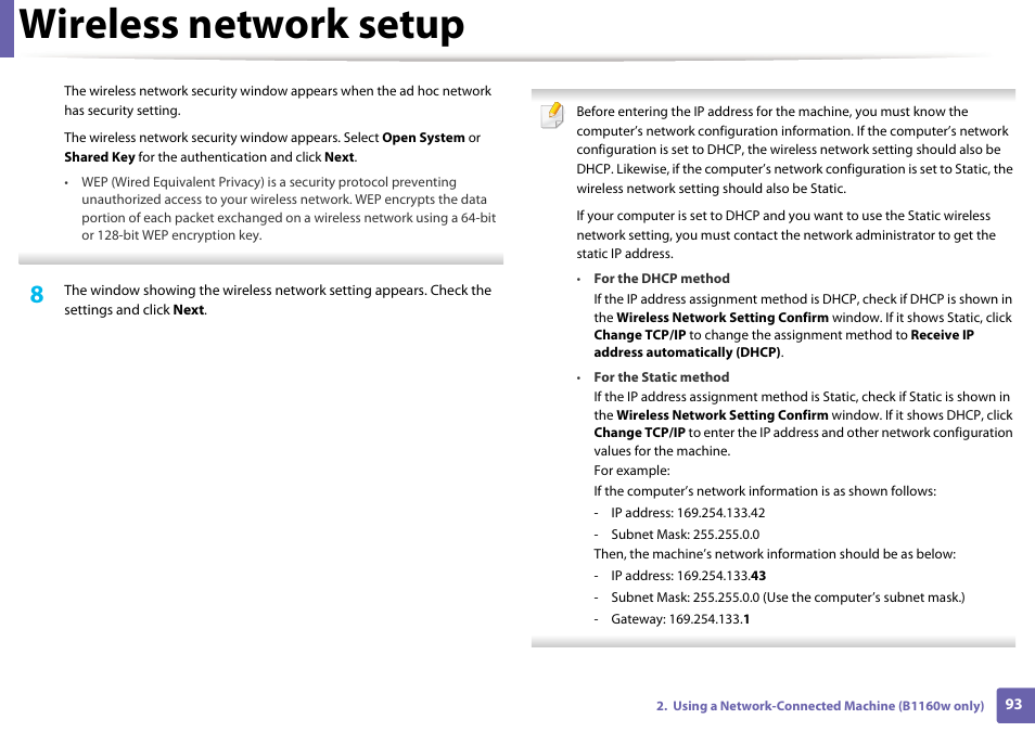 Wireless network setup | Dell B1160 Mono Laser Printer User Manual | Page 93 / 165