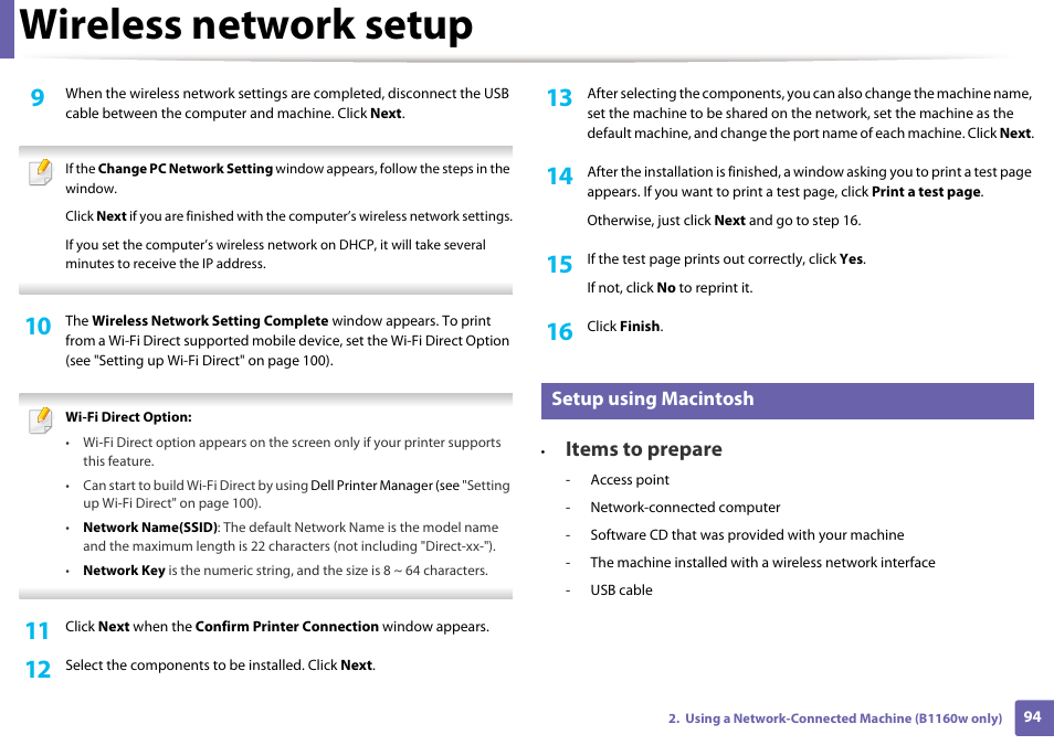 Wireless network setup, Items to prepare, Setup using macintosh | Dell B1160 Mono Laser Printer User Manual | Page 94 / 165