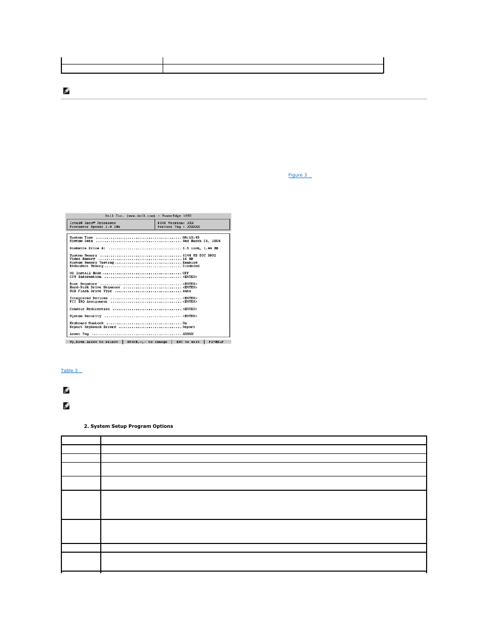 System setup options, Main screen | Dell PowerEdge 1850 User Manual | Page 17 / 30