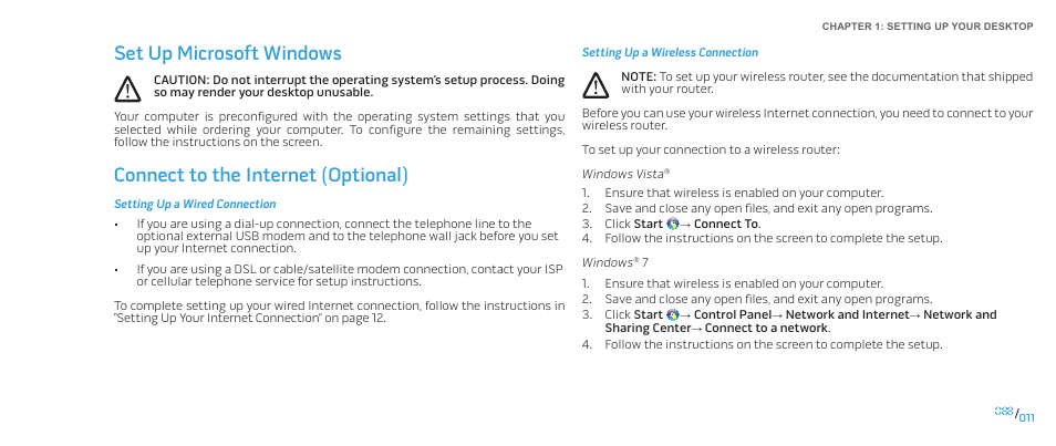 Set up microsoft windows, Connect to the internet (optional) | Dell Alienware Area-51 ALX (Late 2009) User Manual | Page 11 / 72