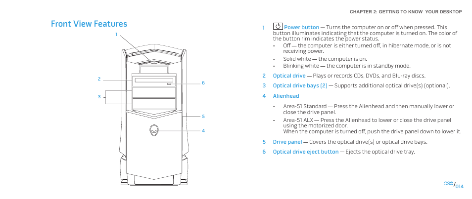Front view features | Dell Alienware Area-51 ALX (Late 2009) User Manual | Page 14 / 72