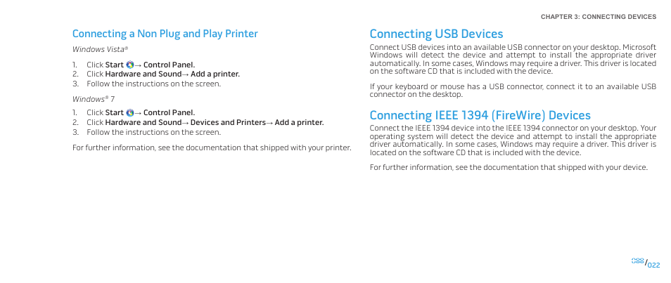 Connecting usb devices, Connecting ieee 1394 (firewire) devices, Connecting a non plug and play printer | Dell Alienware Area-51 ALX (Late 2009) User Manual | Page 22 / 72