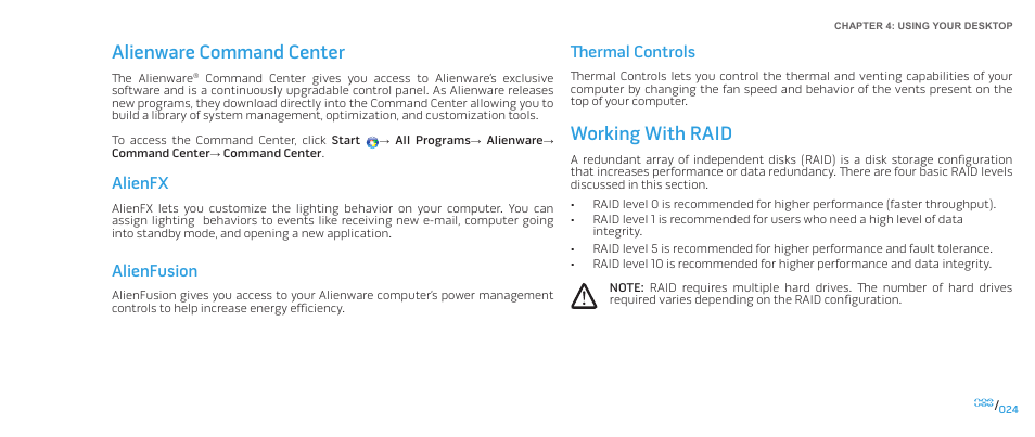 Alienware command center, Working with raid, Alienware command center working with raid | Thermal controls, Alienfx, Alienfusion | Dell Alienware Area-51 ALX (Late 2009) User Manual | Page 24 / 72