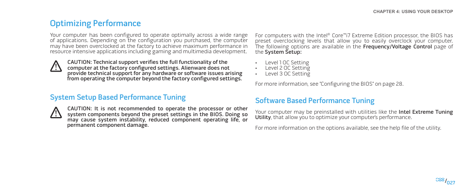 Optimizing performance, Software based performance tuning, System setup based performance tuning | Dell Alienware Area-51 ALX (Late 2009) User Manual | Page 27 / 72