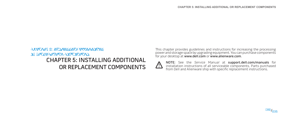 Chapter 5: installing additional or replacement, Components | Dell Alienware Area-51 ALX (Late 2009) User Manual | Page 35 / 72