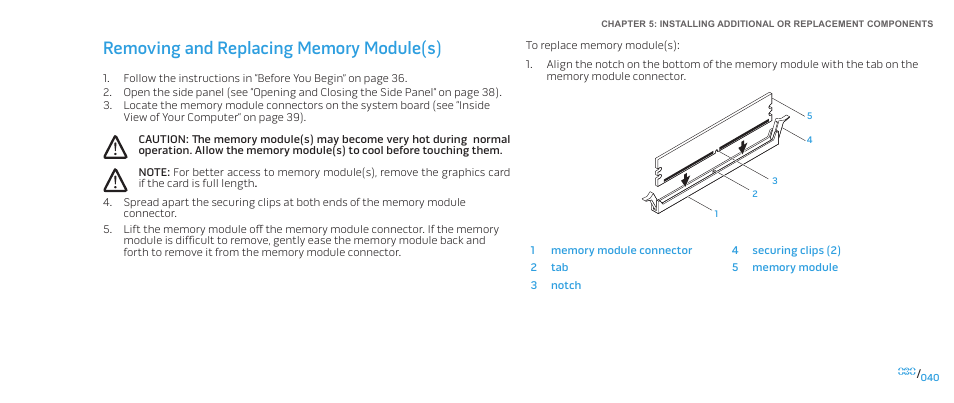 Removing and replacing memory module(s) | Dell Alienware Area-51 ALX (Late 2009) User Manual | Page 40 / 72