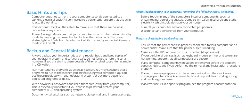 Basic hints and tips, Backup and general maintenance | Dell Alienware Area-51 ALX (Late 2009) User Manual | Page 47 / 72