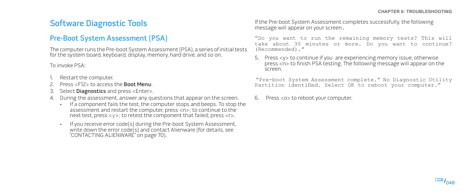 Software diagnostic tools, Pre-boot system assessment (psa) | Dell Alienware Area-51 ALX (Late 2009) User Manual | Page 48 / 72