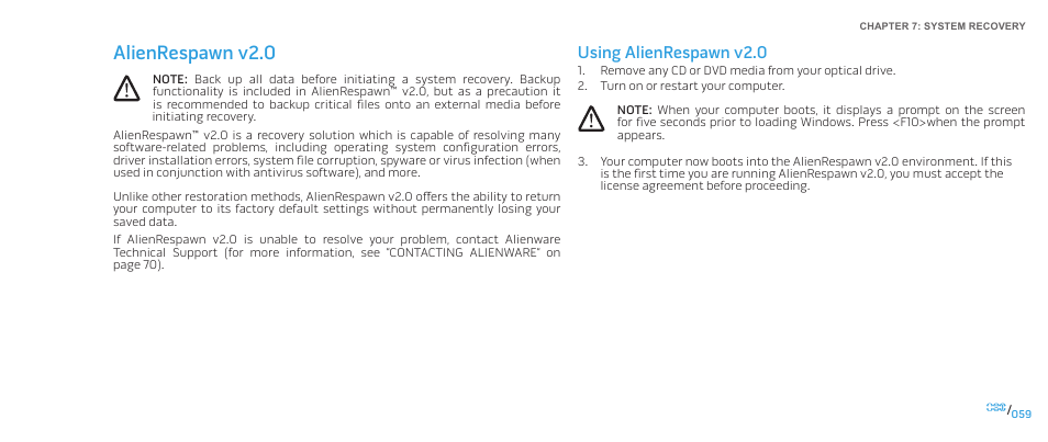 Alienrespawn v2.0, Alienrespawn v2 .0, Using alienrespawn v2.0 | Dell Alienware Area-51 ALX (Late 2009) User Manual | Page 59 / 72