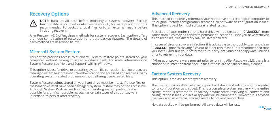 Recovery options, Advanced recovery, Factory system recovery | Microsoft system restore | Dell Alienware Area-51 ALX (Late 2009) User Manual | Page 60 / 72