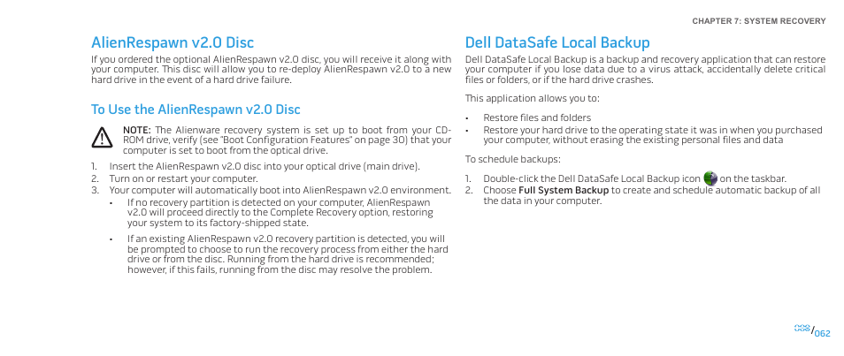 Alienrespawn v2.0 disc, Dell datasafe local backup, Alienrespawn v2 .0 disc dell datasafe local backup | Dell Alienware Area-51 ALX (Late 2009) User Manual | Page 62 / 72