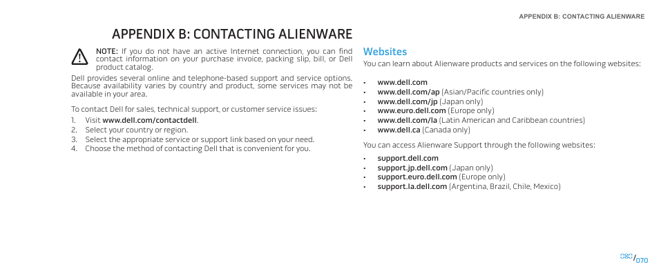 Appendix b: contacting alienware, Websites | Dell Alienware Area-51 ALX (Late 2009) User Manual | Page 70 / 72