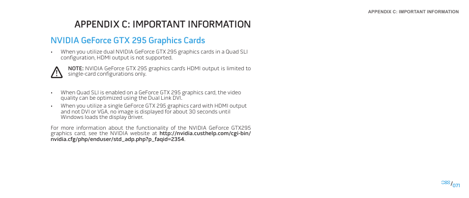 Appendix c: important information, Nvidia geforce gtx 295 graphics cards | Dell Alienware Area-51 ALX (Late 2009) User Manual | Page 71 / 72