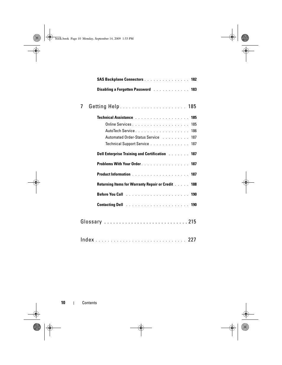 7getting help, Glossary index | Dell PowerVault DP600 User Manual | Page 10 / 234