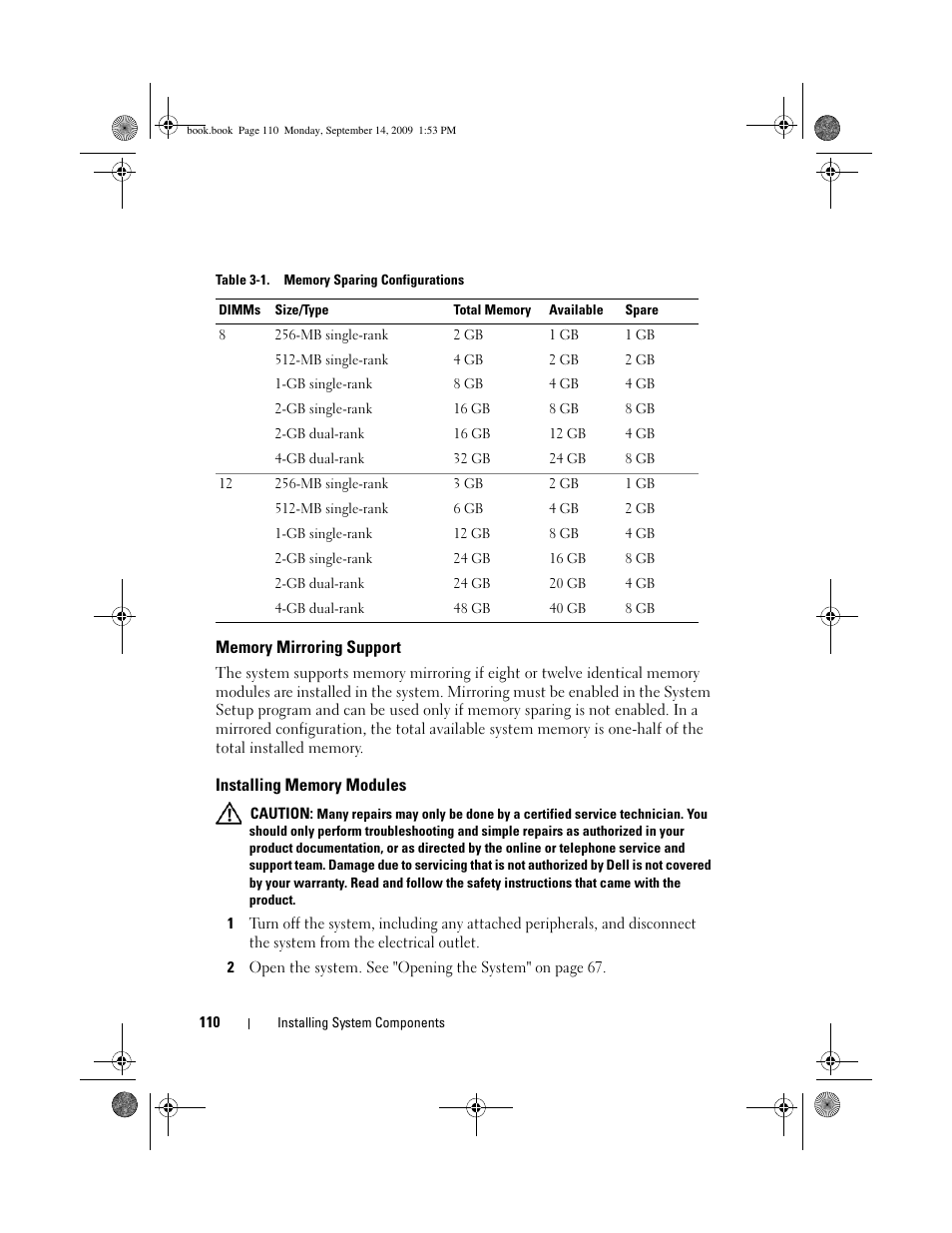 Memory mirroring support, Installing memory modules | Dell PowerVault DP600 User Manual | Page 110 / 234