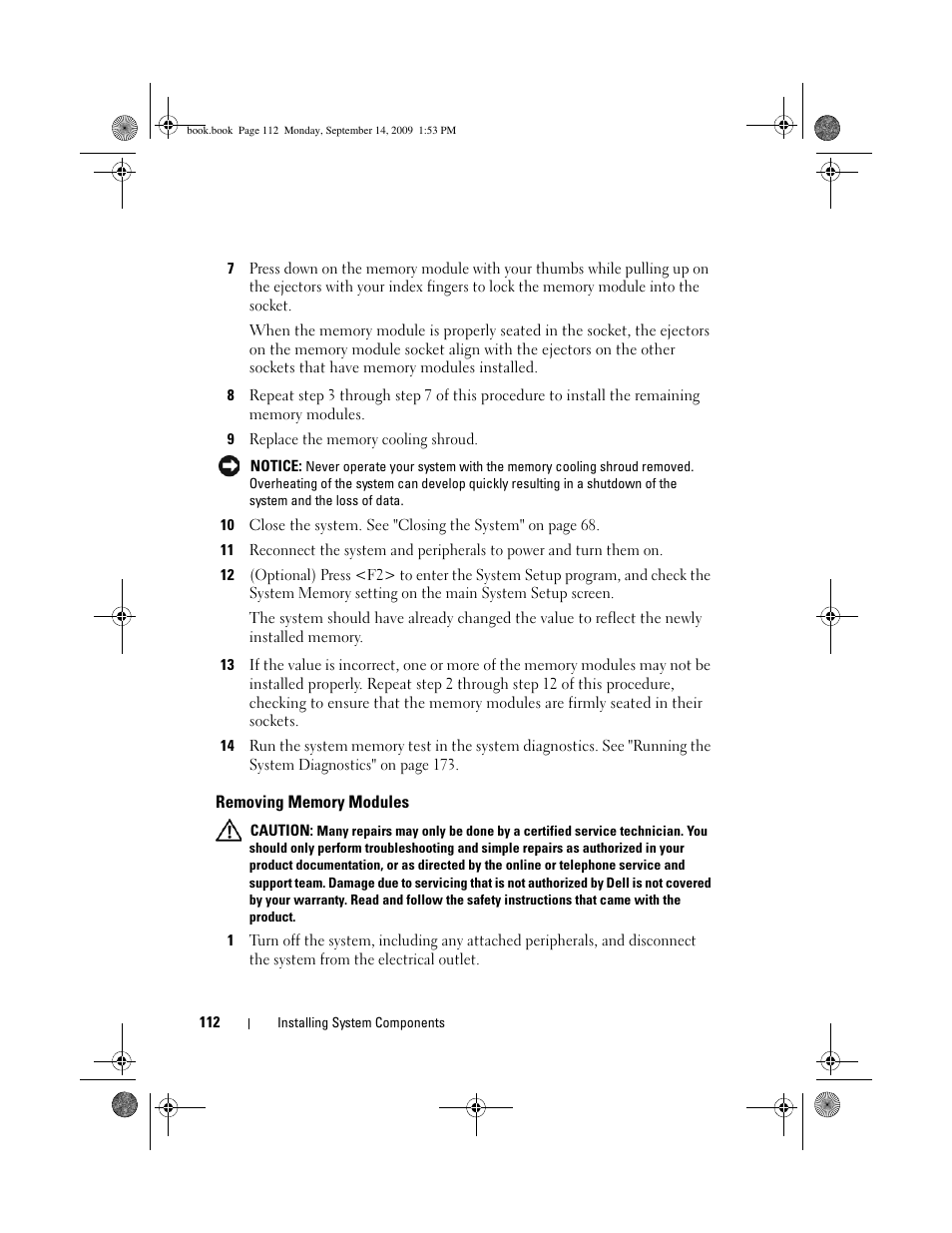 Removing memory modules | Dell PowerVault DP600 User Manual | Page 112 / 234