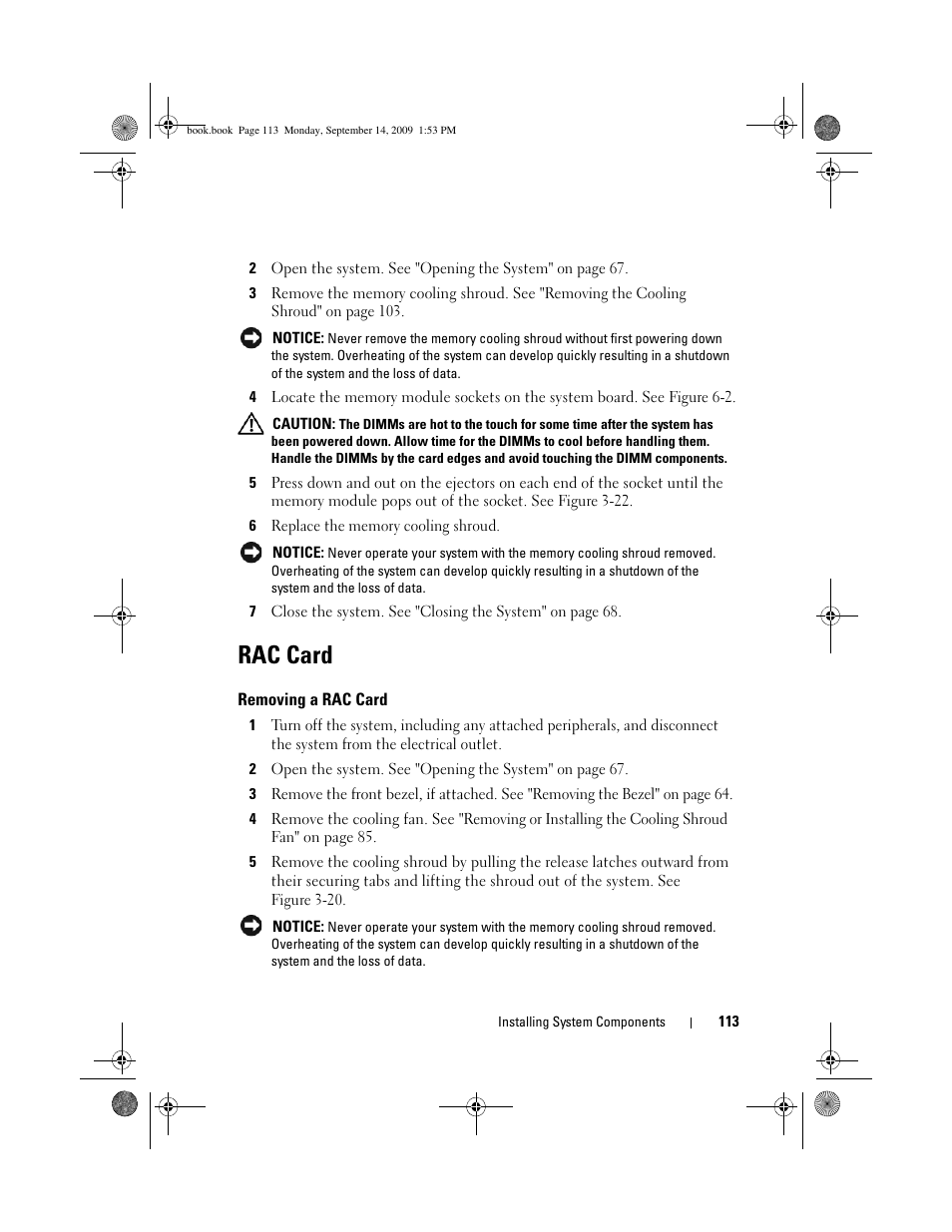 Rac card, Removing a rac card | Dell PowerVault DP600 User Manual | Page 113 / 234