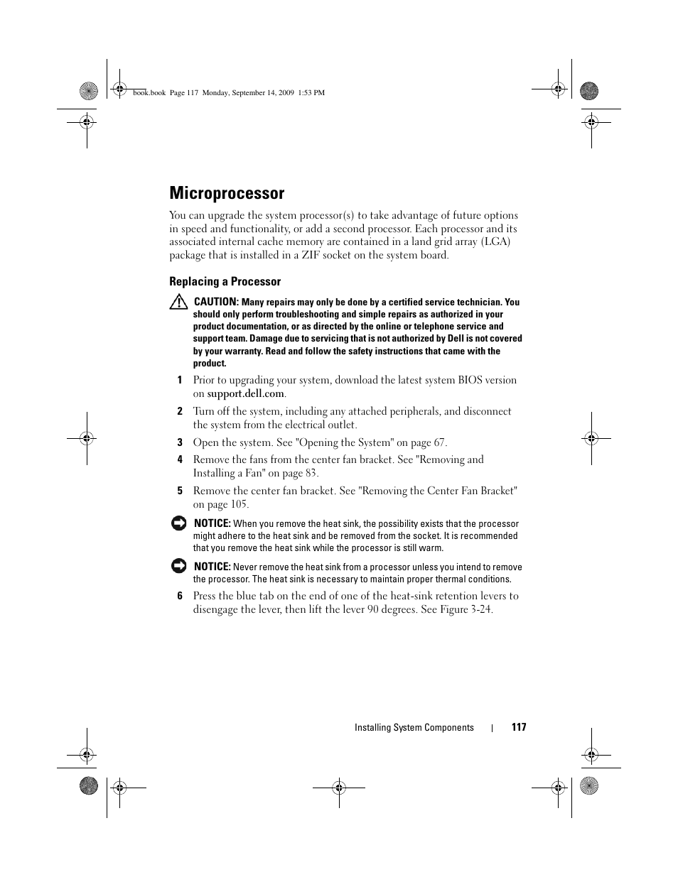 Microprocessor, Replacing a processor | Dell PowerVault DP600 User Manual | Page 117 / 234