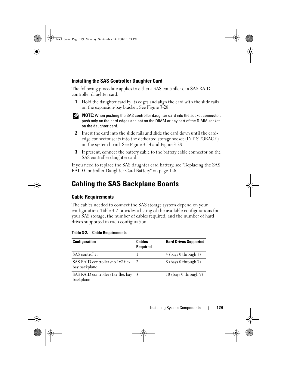 Installing the sas controller daughter card, Cabling the sas backplane boards, Cable requirements | Dell PowerVault DP600 User Manual | Page 129 / 234