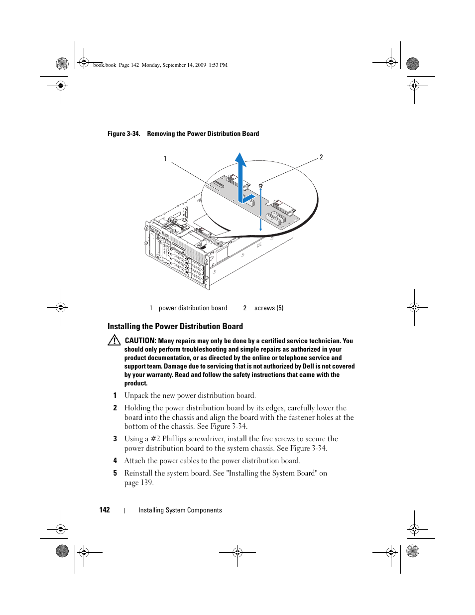 Installing the power distribution board, Figure 3-34 | Dell PowerVault DP600 User Manual | Page 142 / 234