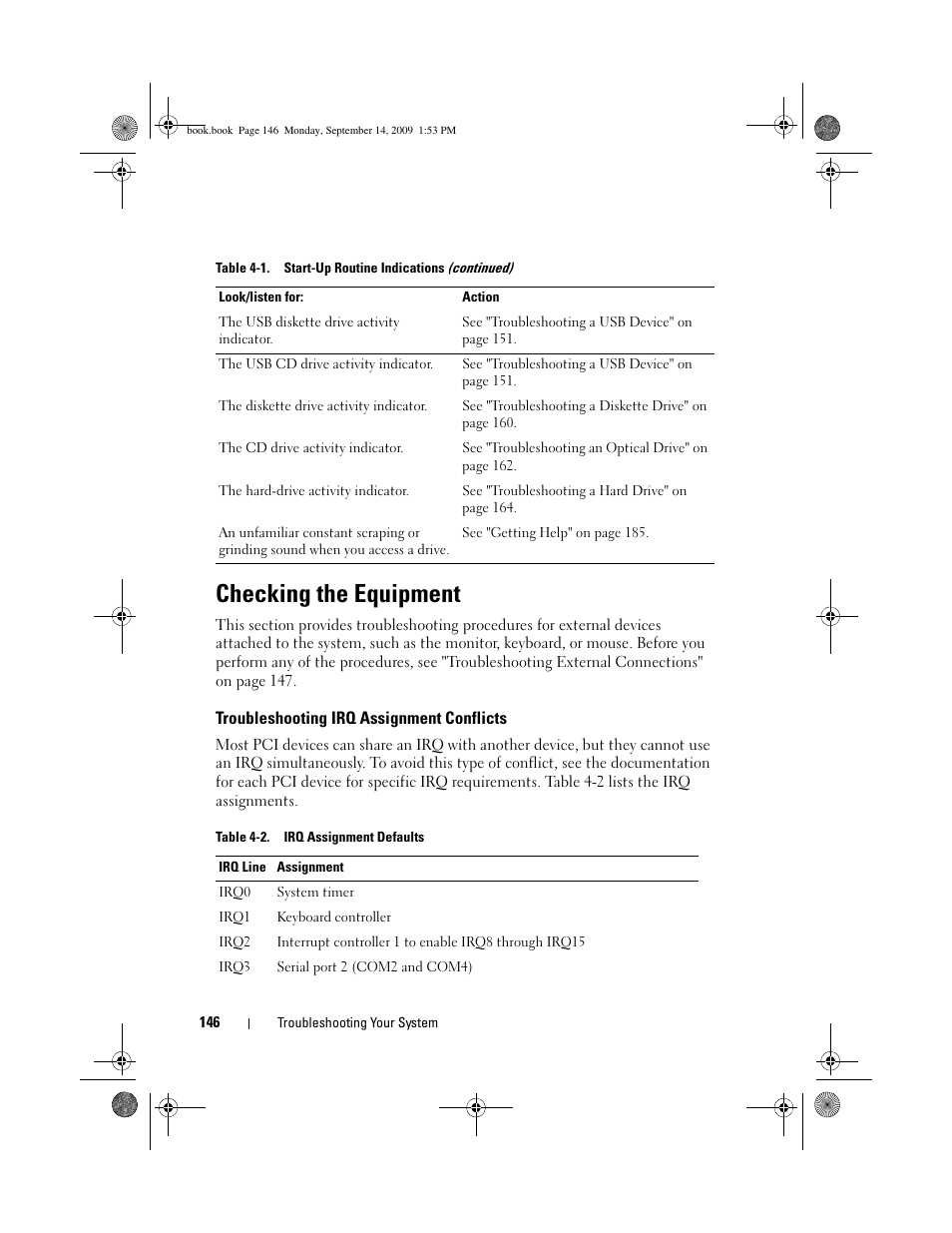 Checking the equipment, Troubleshooting irq assignment conflicts | Dell PowerVault DP600 User Manual | Page 146 / 234