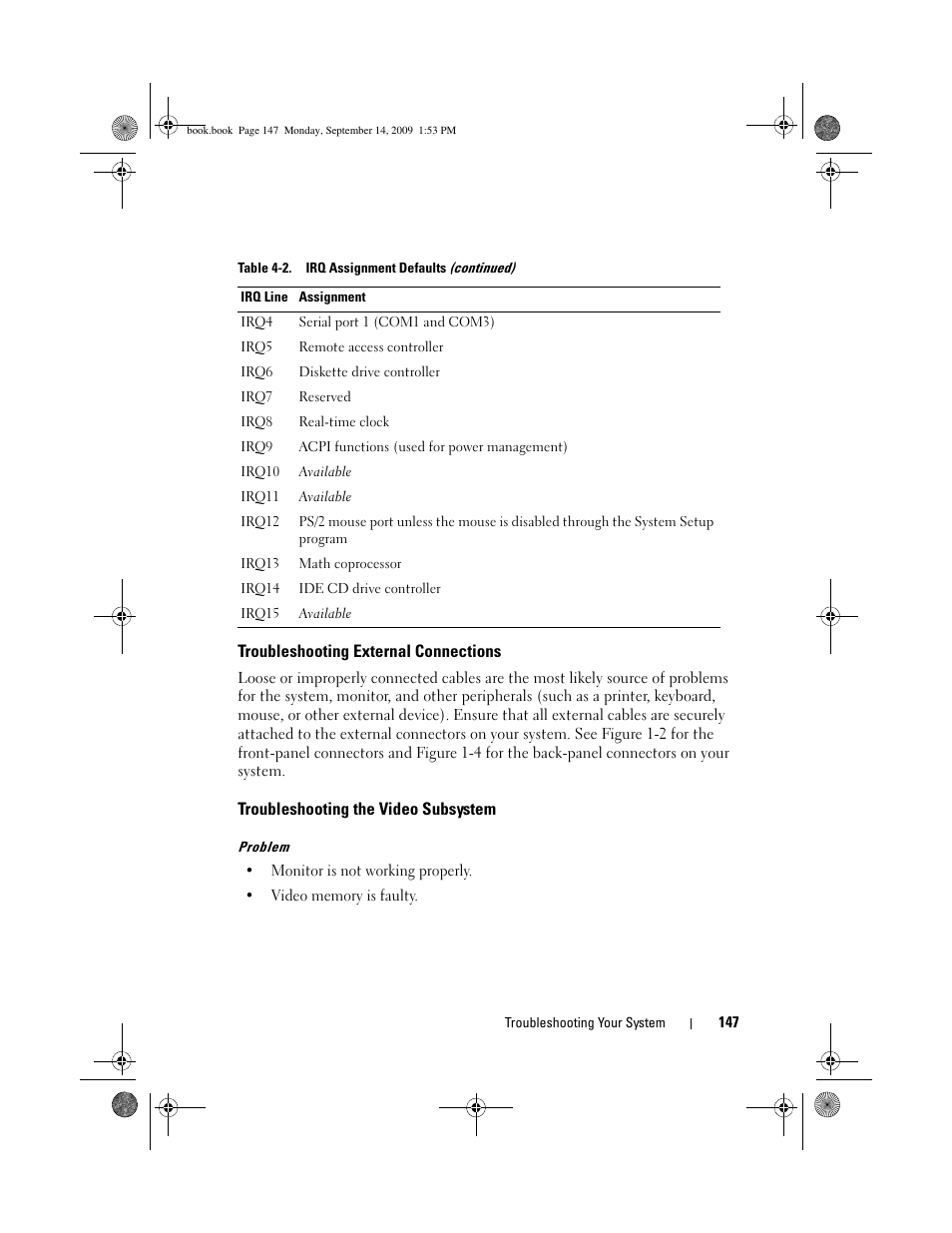 Troubleshooting external connections, Troubleshooting the video subsystem | Dell PowerVault DP600 User Manual | Page 147 / 234