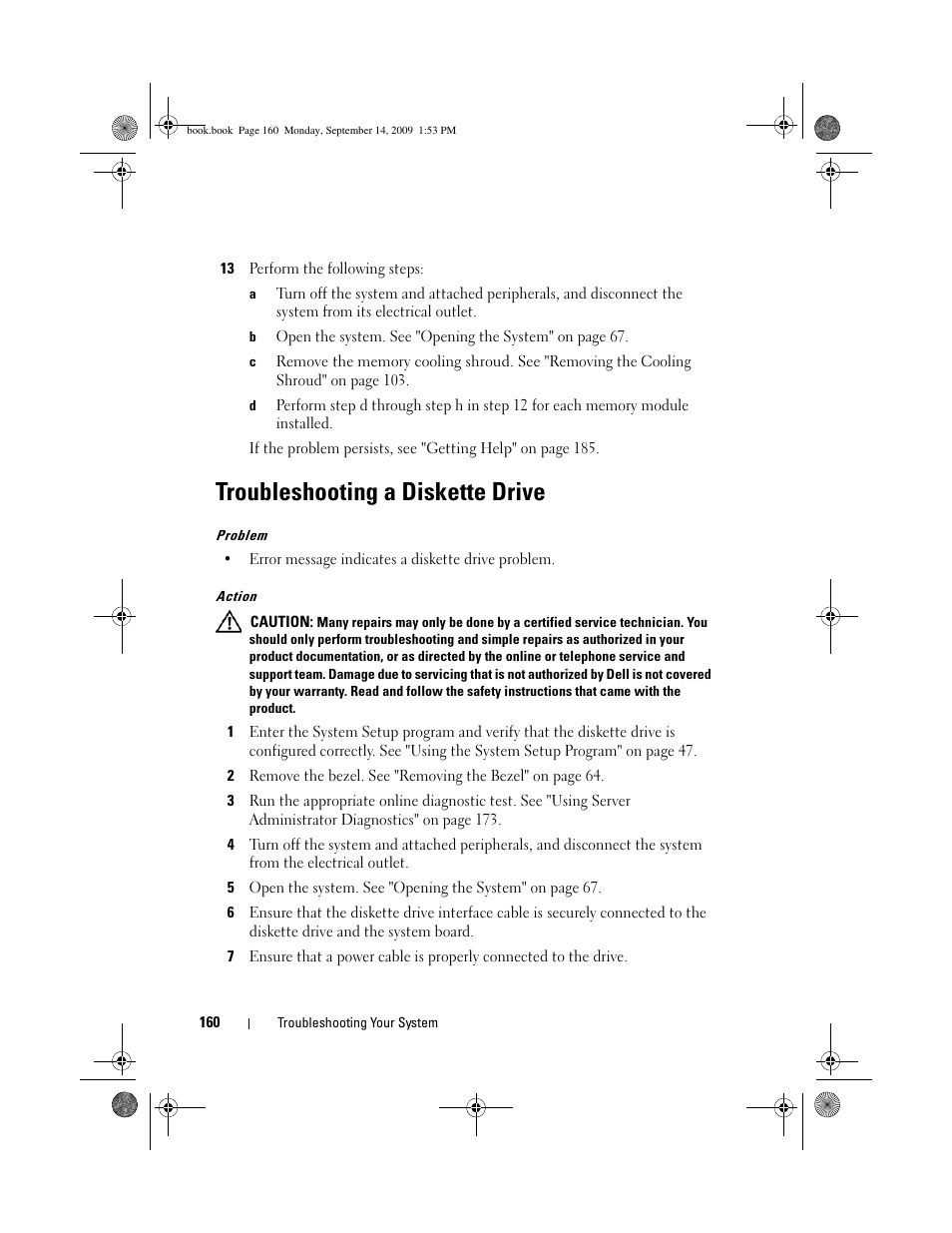 Troubleshooting a diskette drive | Dell PowerVault DP600 User Manual | Page 160 / 234