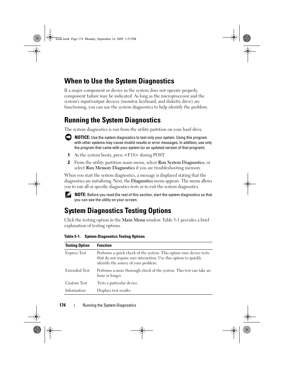 When to use the system diagnostics, Running the system diagnostics, System diagnostics testing options | Dell PowerVault DP600 User Manual | Page 174 / 234