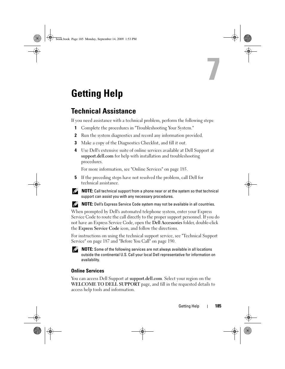 Getting help, Technical assistance, Online services | See "getting help" on | Dell PowerVault DP600 User Manual | Page 185 / 234