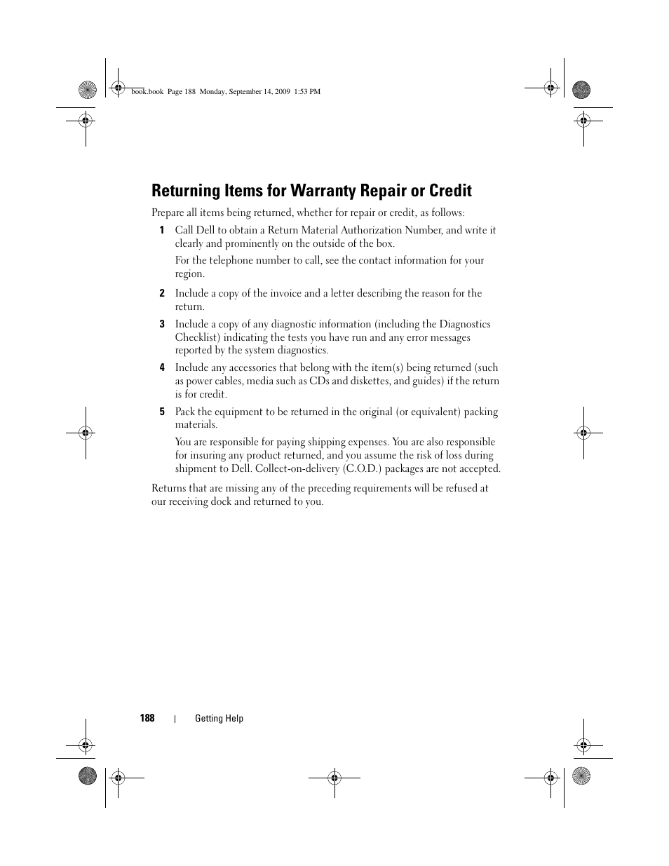 Returning items for warranty repair or credit | Dell PowerVault DP600 User Manual | Page 188 / 234