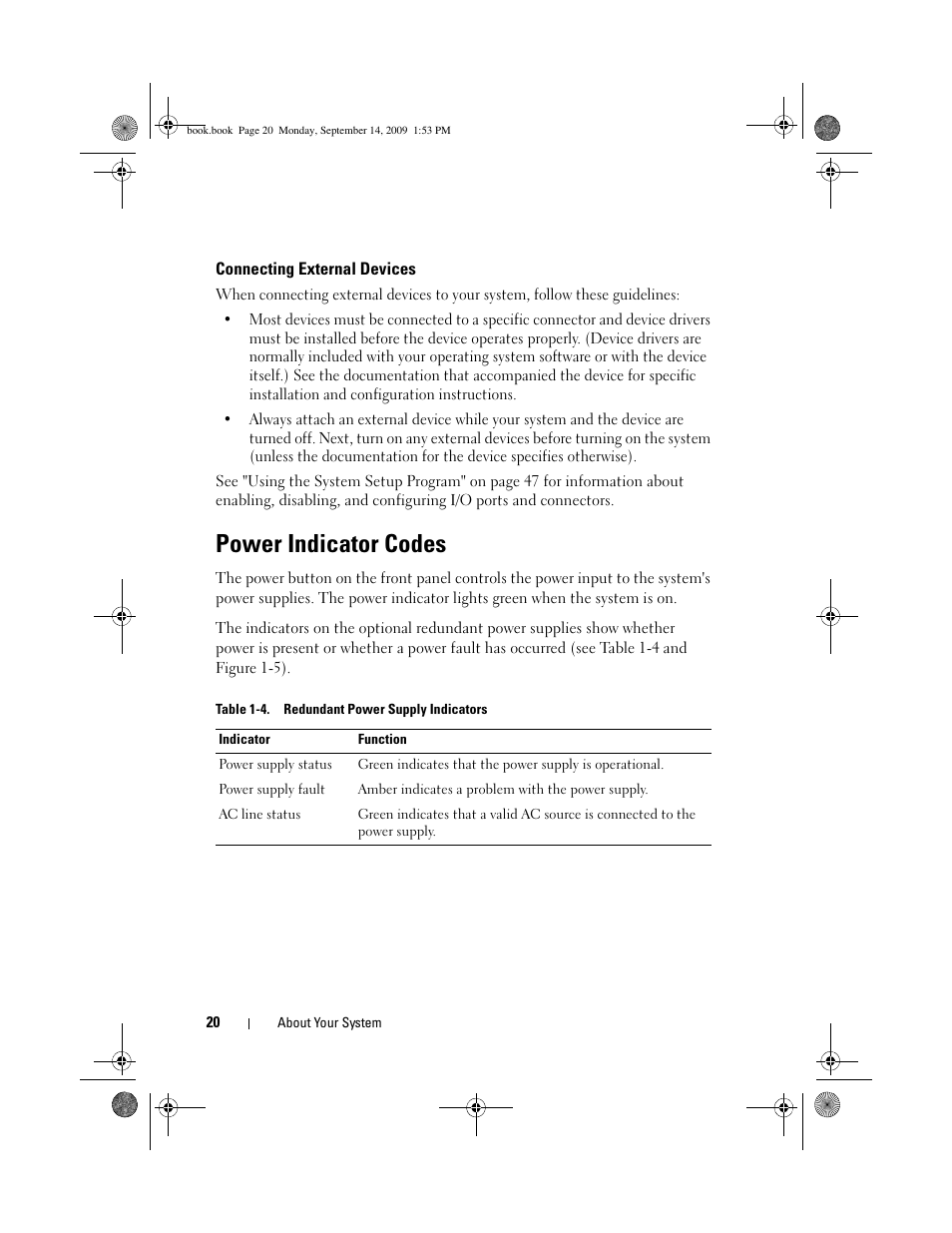 Connecting external devices, Power indicator codes | Dell PowerVault DP600 User Manual | Page 20 / 234