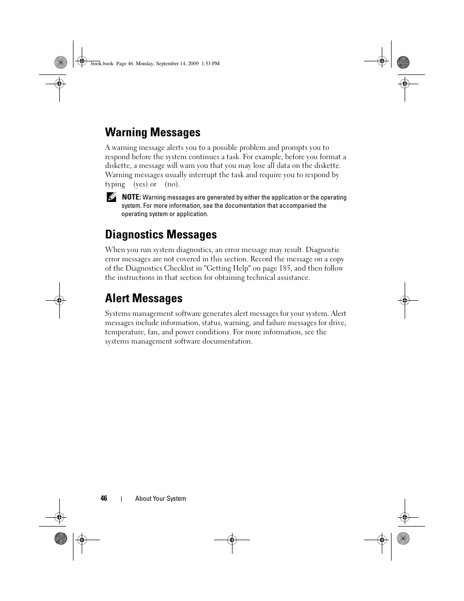 Warning messages, Diagnostics messages, Alert messages | Dell PowerVault DP600 User Manual | Page 46 / 234