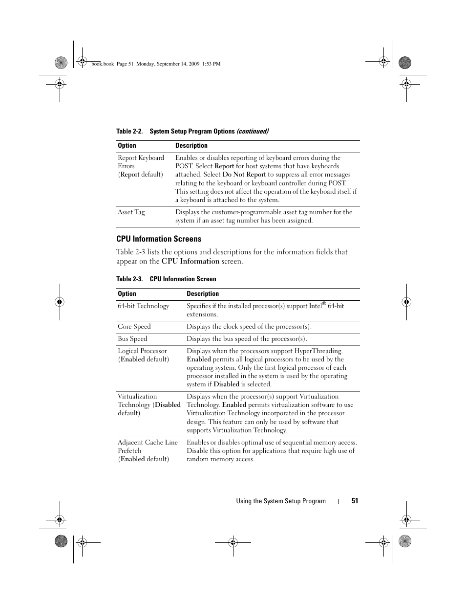 Cpu information screens, Table 2-3 | Dell PowerVault DP600 User Manual | Page 51 / 234