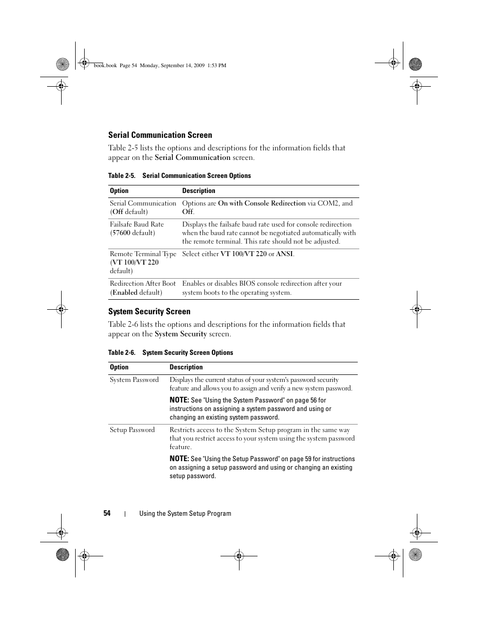 Serial communication screen, System security screen | Dell PowerVault DP600 User Manual | Page 54 / 234