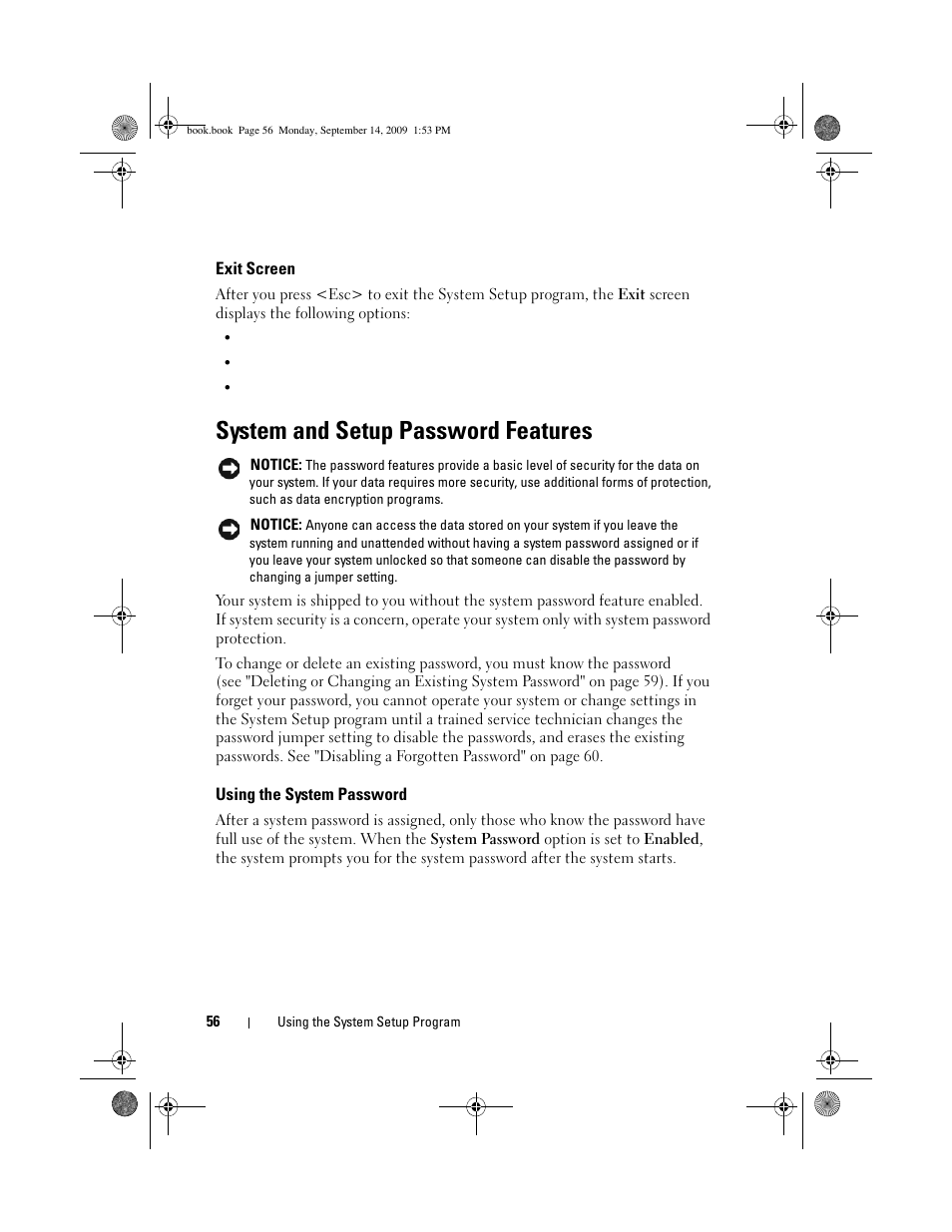 Exit screen, System and setup password features, Using the system password | Dell PowerVault DP600 User Manual | Page 56 / 234