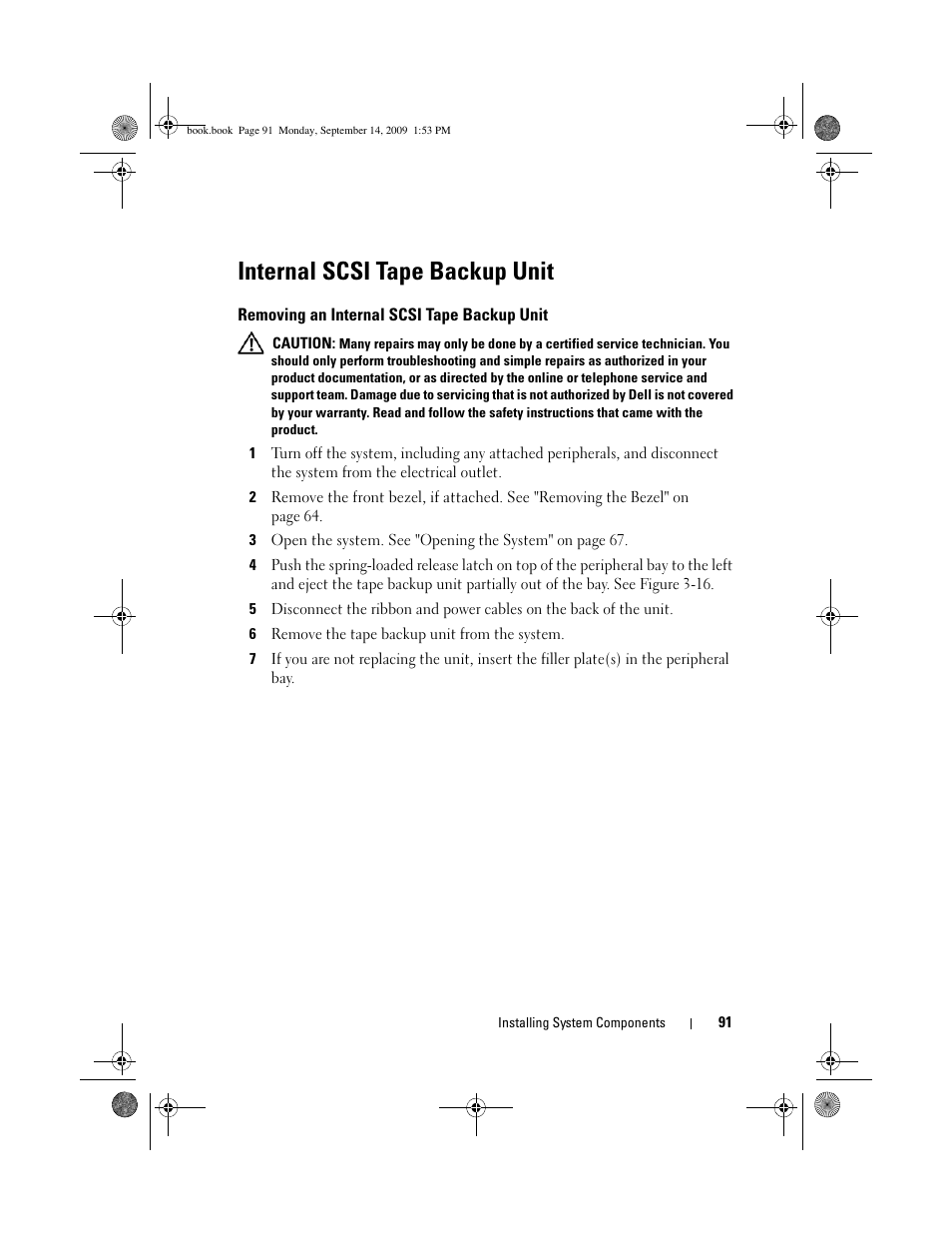 Internal scsi tape backup unit, Removing an internal scsi tape backup unit | Dell PowerVault DP600 User Manual | Page 91 / 234