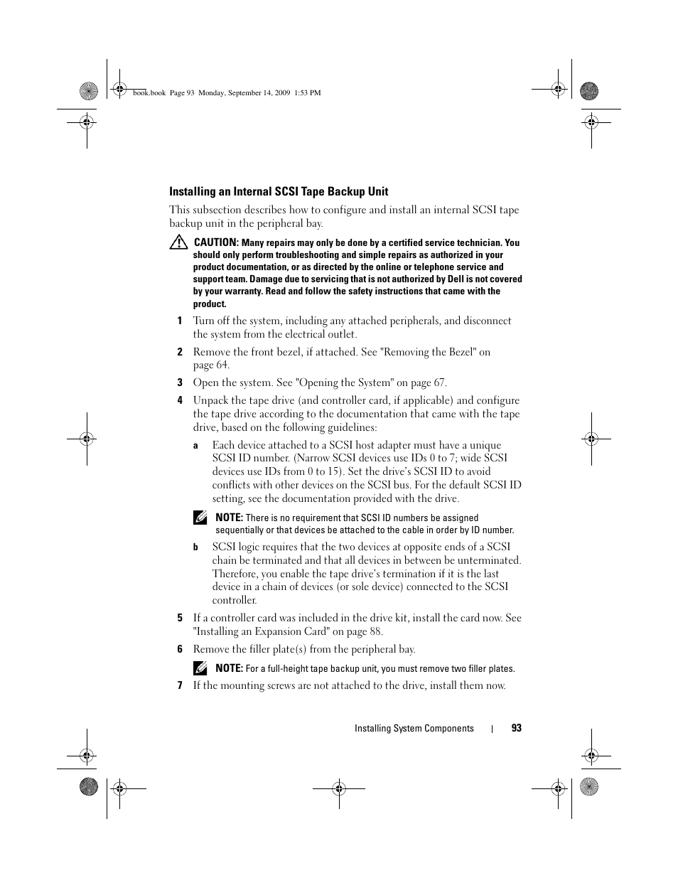 Installing an internal scsi tape backup unit | Dell PowerVault DP600 User Manual | Page 93 / 234