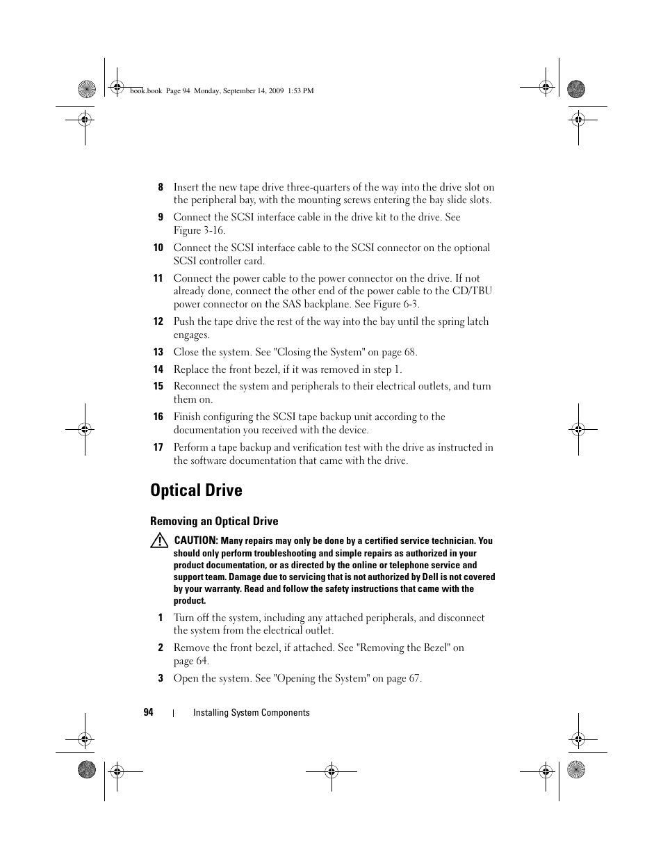 Optical drive, Removing an optical drive | Dell PowerVault DP600 User Manual | Page 94 / 234