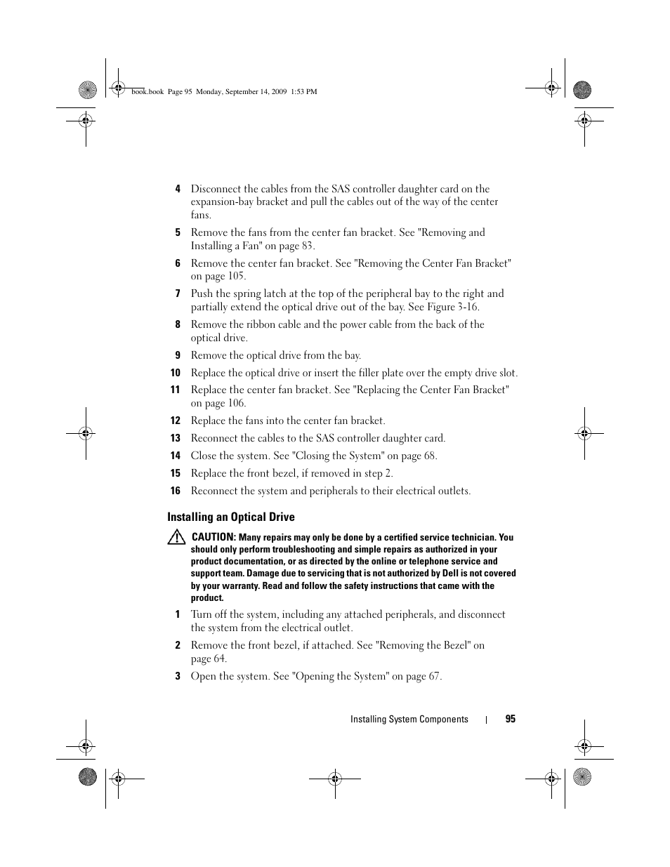 Installing an optical drive | Dell PowerVault DP600 User Manual | Page 95 / 234